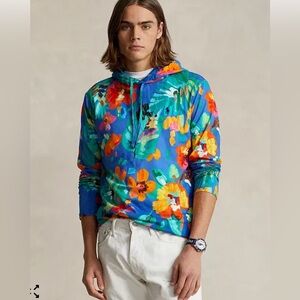 Ralph Lauren Small Floral Blue Men's Hooded Long sleeve Shirt Polo Pull Over